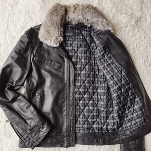 バーバリーブラックレーベル ライダースジャケット 2way ラビットファー ラムレザー 羊革 キルティング ノバチェック BURBERRY BLACK LABEL