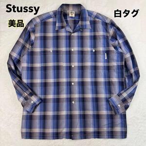 美品 90s old Stussy ステューシー 白タグ オープンカラー チェック 長袖シャツ XL