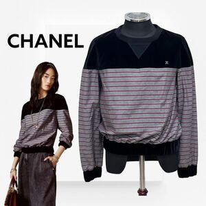 高級 CHANEL シャネル 22AW P73405V64996 ラインストーン ココマーク コットン ベルベット切替 ボーダー スウェットシャツ カットソー