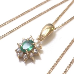 J◇K18 豪華！エメラルド & ダイヤモンド ネックレス イエローゴールド 18金 トップ チェーン ダイヤ Yellow Gold necklace【ネコポスOK】