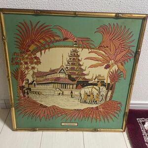 額装 美術品 ジグソーパズル 真作 サイン 絵画 油彩 模写 布製　タイ絵　象　Jim thompson