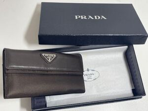 極美品 プラダ PRADA ナイロン テッスートxレザー Wホック 長財布 三角プレート ブラウン 箱