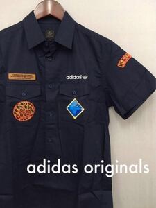 【美品 良品】アディダス オリジナルス adidas ワークシャツ 半袖 ネイビー ワッペン サファリ ロゴ トレフォイル メンズ Sサイズ ～◇