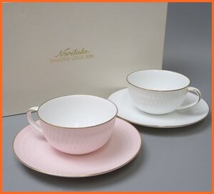 ★未使用 Noritake/ノリタケ ダイヤモンドコレクション カップ&ソーサー ペア/ホワイト/ピンク/外箱付き/C&S/茶器&1907800161