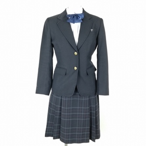 1円 ブレザー チェックスカート リボン 上下4点セット 指定 冬物 女子 学生服 東京日本大学鶴ケ丘高校 紺 制服 中古 ランクC EY9614