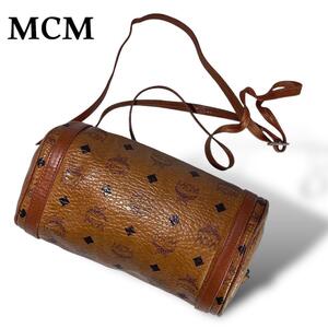 MCM エムシーエム　ショルダーバッグ　筒形　ブラウン　ロゴ　レディース レザー　ポーチ　サコッシュ　