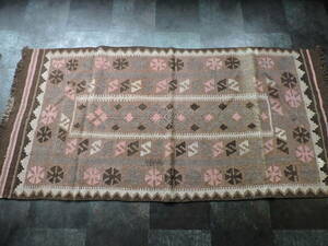 A112☆キリム　手織り　ラグ　アクセントラグ　絨毯　アンティーク　一点物　玄関　サイズ約190ｘ94　茶・薄ピンク　柄　民族　民芸☆
