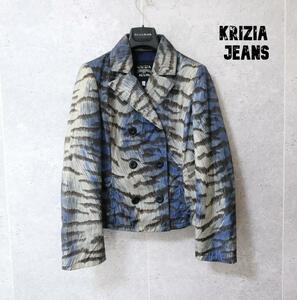 美品 KRIZIA JEANS クリツィアジーンズ サイズI42 総柄 ゼブラ ナイロン 中綿 ダブルブレスト パデッドテーラードジャケット マルチカラー