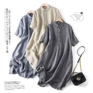 ワンピース 亜麻ワンピース レディース ロッグワンピース 夏 マキシワンピース XL ブルー