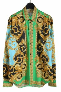 超美品 ヴェルサーチ VERSACE / 国内正規タグ / バロッコシャツ 長袖 総柄 / 40 (L) ゴールド 緑 グリーン 水色 ライトブルー 黒 ブラッ