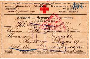 改〒【TCE】79507 - ロシア・１９１６年・露の捕虜収容所にいるオーストリア兵からの捕虜便往復葉書の返信部