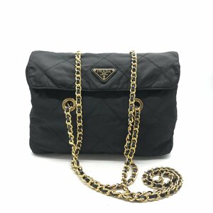 1円 良品 PRADA プラダ 三角ロゴ テスート ナイロン キルティング チェーン ショルダー バッグ ブラック a4215