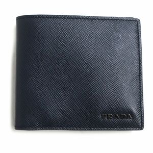 未使用品▼PRADA プラダ 2MO912 ロゴ金具付 サフィアーノレザー コンパクトウォレット/2つ折り財布/札入れ ネイビー×グリーン 伊製 メンズ