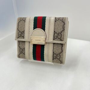 1281 GUCCI オールド グッチ シェリーライン GG柄 ヴィンテージ PVC レザー 二つ折り 財布 ウォレット ベージュ ブラウン 