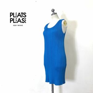 R255-N◆美品◆ PLEATS PLEASE ISSEY MIYAKE プリーツプリーズ ノースリーブワンピース プリーツ加工 膝上 ◆size3 ブルー ポリエステル