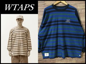 送無 美品 WTAPS ダブルタップス 221ATDT-CSM30 JAM 01 LS COTTON 長袖 胸刺繍 インサイドアウト ボーダー柄 ワイド Tシャツ ネイビー 03