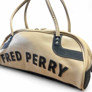 即決FREDPERRY★オールレザーボストン フレッドペリー ベージュ 本革 本皮 ボストン