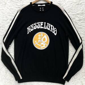 【美品 XXL】Russeluno ニット ルチャ ビックロゴ ライン セーター クルーネック 丸首 ストレッチ ラッセルノ ゴルフ ブラック ウール 7