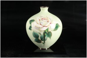 [URA]安藤七宝/純銀刻印有/七宝薔薇文花瓶/H26cm・重量約2478g/5-12-114(検索)骨董/花器/花入/花生/壷/中国/古玩/唐物/安藤七宝