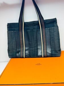 1円 HERMES トートバッグ ハンドバッグ キャンバス ブラック エルメス 黒 グレー バッグ トロカホリゾンタル