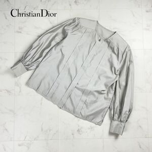 Christian Dior クリスチャンディオール シルク ストライプ ノーカラー長袖ブラウスシャツ トップス レディース グレー サイズL*QC8