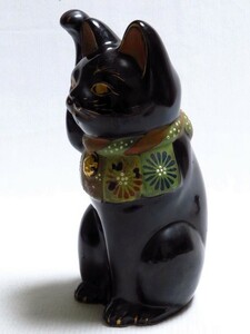 招き猫 黒猫 彩色 縁起物 陶磁器 時代 アンティーク