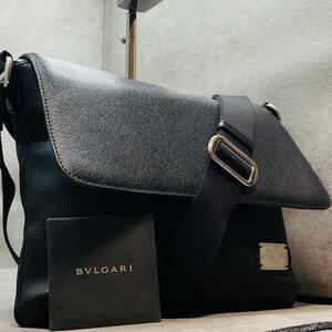 極美品/A4可●BVLGARI ブルガリ メンズ ビジネス ミレリゲ ショルダーバッグ メッセンジャー クロスボディ 斜め掛け レザー ブラック 本革