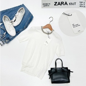 /S/ ZARA ホワイト 半袖ニット レディース タグ カジュアル ビーズトップス 通勤 フェミニン 大人可愛い ガーリー デイリー ザラ