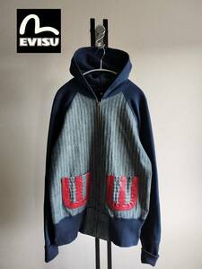 EVISU/エヴィス/YAMANE/ヤマネ/ヘリンボーンデニム切り替えパーカー/ポケット・リベットペイントデザイン/ZIPコの字留め