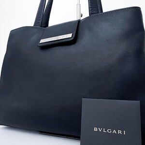 1円■未使用級■最高級レザー■型崩れ無し BVLGARI ブルガリ ロゴプレート トートバッグ ビジネスブリーフケース A4 メンズ ブラック 黒