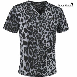 241308-gybk BLACK VARIA Tシャツ 半袖 Vネック 滲み ヒョウ柄 豹 レオパード スリム ストレッチ メンズ(グレー灰ブラック黒) XL 派手