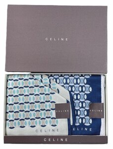 未使用 セリーヌ ハンカチ 箱入り ２枚セット マカダム ブルー グレー メンズ CELINE スカーフ 綿 100％ 【中古】