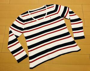 ●○ TOMMY HILFIGER トミー ヒルフィガー ロングTシャツ(ロンT) フラッグロゴ ボーダー Vネック XL/TG/XG ネイビー×赤 ○●