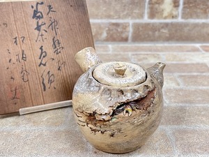 良品! 二六焼 松伯庵 佐々木二六 造/天神蟹刻 煎茶急須 共箱 【3138y2】