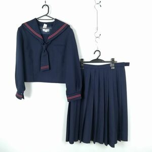 1円 セーラー服 スカート ネクタイ 上下3点セット 175B 大きいサイズ カンコー 冬物 赤2本線 女子 中学 高校 紺 中古 ランクC NA5623