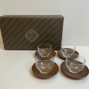 HOYA crystal ホヤクリスタル　保谷　ガラス　茶器　コップ　冷茶グラス　受け皿　4セット　アンティーク　ヴィンテージ　食器 