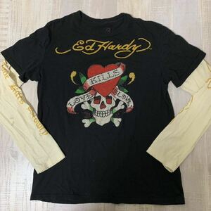 【希少 LA制作 バックデザイン】Ed Hardy レイヤード スパンコール ロング Tシャツ エドハーディ クリスチャンオードジェー サイズM メンズ