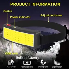 LED COB 巨大 ヘッドランプ USB 充電 防水 リチウム 釣り 防災