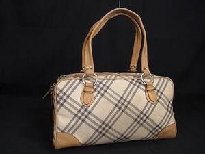 1円 BURBERRY バーバリーブルーレーベル ナイロンキャンバス チェック ハンドバッグ トートバッグ クリーム系×ライトベージュ系 FL1596