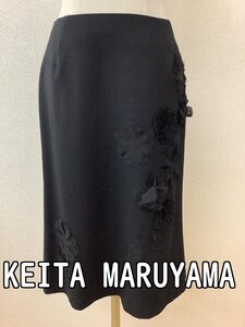 ケイタマルヤマ (KEITA MARUYAMA) 黒ウールスカート シルクのお花モチーフ飾り サイズ1