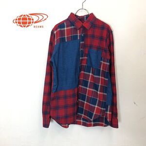 1I2292-O◆BEAMS ビームス チェック柄シャツ 一部切替 ◆sizeL レッド系 コットン100