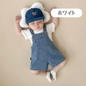 ホワイト 90cm 2点セット オーバーオール 半袖Tシャツ 韓国風子供服 セットアップ 上下セット 男の子 女の子 キッズ 春夏 かわいい