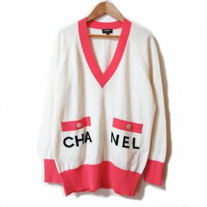 美品 19SS CHANEL シャネル ロゴ カシミヤ100％ 長袖 Vネック ニット セーター サイズ34 ホワイト×ピンク ◆