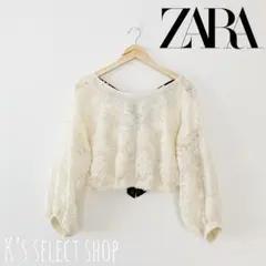 美品【ZARA】クロップド丈 バックリボン花レーストップス S