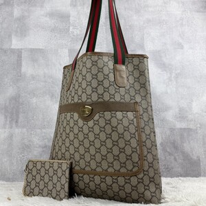 極美品 OLD GUCCI オールド グッチ グッチプラス トートバッグ ハンドバッグ ビジネス A4 シェリーライン メンズ GG柄 肩掛け PVC ロゴ