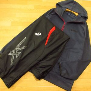 ◎美品！L 上下セット！asics アシックス◆ジャージジャケット&中綿ナイロンパンツ 防寒 秋冬！◆メンズ 紺x黒◆BA1481