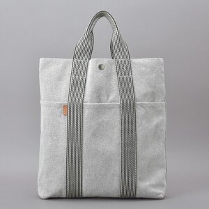 1円 美品 HERMES エルメス ニューフールトゥ カバス トートバッグ キャンバス グレー クリーニング済み 縦長 A4 ハンドバッグ 鞄 Mk.h