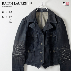 RALPH LAUREN レディース M 9号 90s ヴィンテージ 変形 ダメージ 加工 テーラード デニム ジャケット Gジャン 紺 ネイビー 開襟 ブレザー