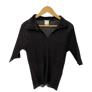 ◆◆ ISSEY MIYAKE イッセイミヤケ 半袖カットソー プリーツ グリーンステッチ Mサイズ IM21-F JO31 ブラック やや傷や汚れあり