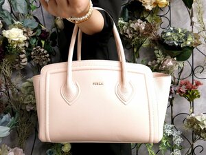 超美品●新品同様●FURLA フルラ●カレッジ●ロゴ金具●カーフ レザー 本革●ハンド トート バッグ●ベビーピンク●ゴールド金具●Js49721